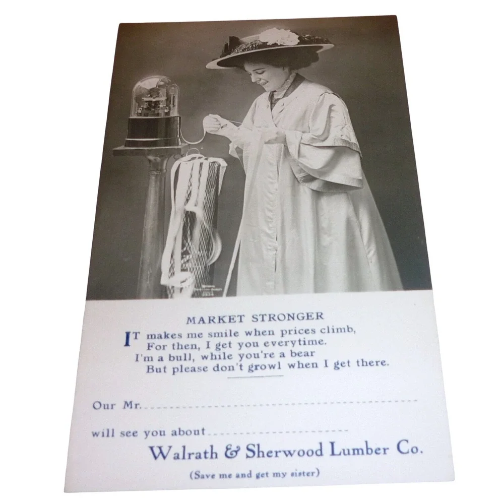 Vintage Walrath & Sherwood Lumber Co Postcard Market Stronger Stock Ticker Woman